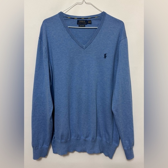 Polo Ralph Lauren Pima Cotton V-Neck Sweater Ribbed Trim Pony Logo Blue Size XL - Picture 1 of 13